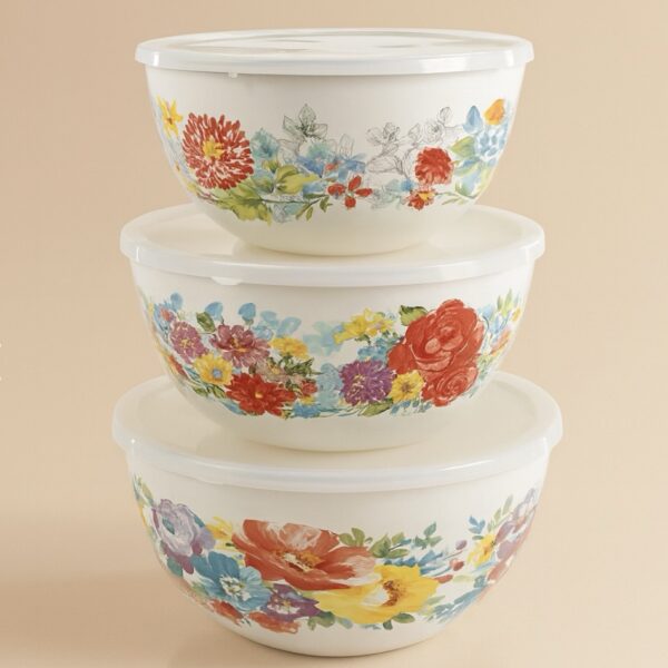 סט 3 קערות אמייל עם מכסה