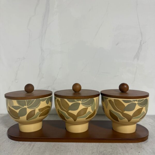 סט קופסאות זכוכית – 3 חלקים עם מגש עץ