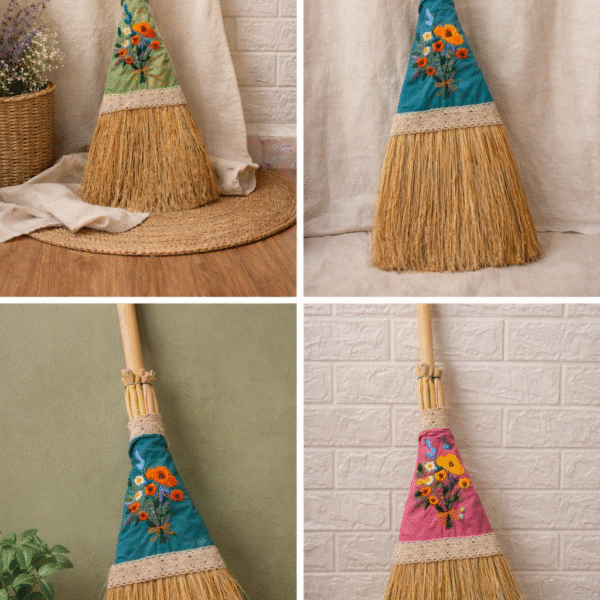 מטאטא קש טבעי בעבודת יד עם רקמה כפרית פרחונית